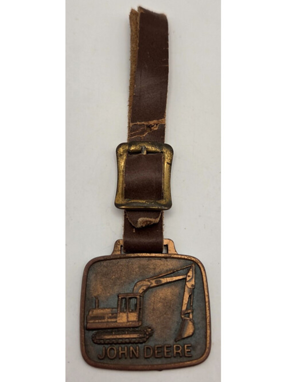 Vintage John Deere JD690 Excavator Watch Fob Brass Leather Construction